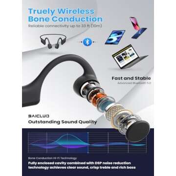 BAICLUD Bone Conduction Headphones, 2024 Upgrade Open-Ear Wireless Bluetooth Workout Headphones with Microphones, 8Hr Playtime, Waterproof Earphones for Sports, Running, Gym, Hiking, Cycling