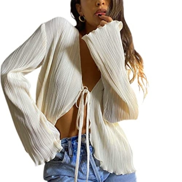 Women Bell Sleeve Tops Deep V Neck Tie Front Flare Sleeve Y2k Blouse Streetwear Creamy White S