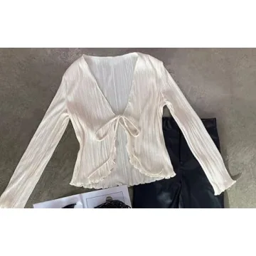 Women Bell Sleeve Tops Deep V Neck Tie Front Flare Sleeve Y2k Blouse Streetwear Creamy White S