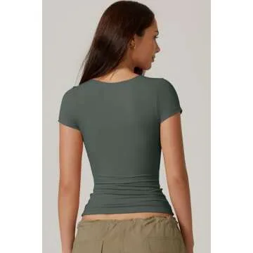 QINSEN Summer Tops for Women Slim Fit Short Sleeve T Shirts Basic Crewneck Y2K Crop Top, Army Green ...