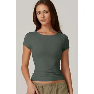 QINSEN Summer Tops for Women Slim Fit Short Sleeve T Shirts Basic Crewneck Y2K Crop Top, Army Green Medium