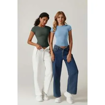 QINSEN Summer Tops for Women Slim Fit Short Sleeve T Shirts Basic Crewneck Y2K Crop Top, Army Green Medium