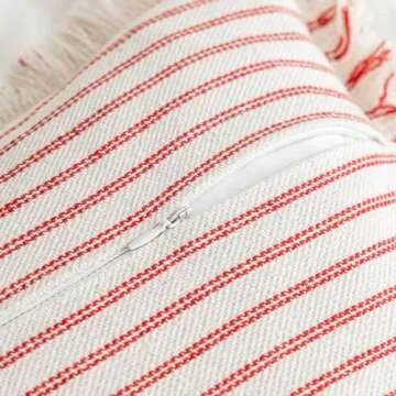 YEENAASY Striped Farmhouse Throw Pillow Covers 24X24 Set of 2 Boho Pillow Cover with Fringe Tassel Chic Cotton Decorative Pillows Modern Neutral Square Cushion Pillowcase for Sofa Couch Bed, Red