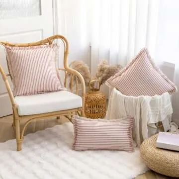 YEENAASY Striped Farmhouse Throw Pillow Covers 24X24 Set of 2 Boho Pillow Cover with Fringe Tassel Chic Cotton Decorative Pillows Modern Neutral Square Cushion Pillowcase for Sofa Couch Bed, Red