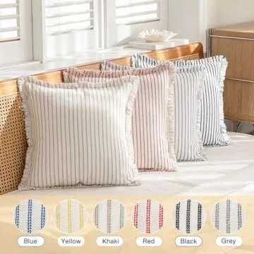 YEENAASY Striped Farmhouse Throw Pillow Covers 24X24 Set of 2 Boho Pillow Cover with Fringe Tassel Chic Cotton Decorative Pillows Modern Neutral Square Cushion Pillowcase for Sofa Couch Bed, Red