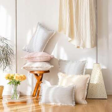 YEENAASY Striped Farmhouse Throw Pillow Covers 24X24 Set of 2 Boho Pillow Cover with Fringe Tassel Chic Cotton Decorative Pillows Modern Neutral Square Cushion Pillowcase for Sofa Couch Bed, Red