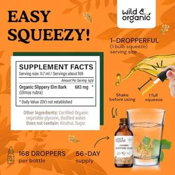 Wild & Organic Slippery Elm Liquid Drops - Lung, Digestive & Women's Support - Slippery Elm Bark Extract Tincture - Ulmus Rubra Supplement - Vegan, Sugar & Alcohol-Free - 4 fl oz