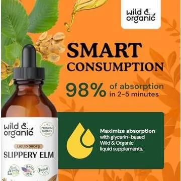 Wild & Organic Slippery Elm Liquid Drops - Lung, Digestive & Women's Support - Slippery Elm Bark Extract Tincture - Ulmus Rubra Supplement - Vegan, Sugar & Alcohol-Free - 4 fl oz