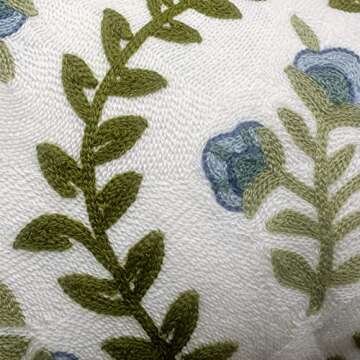 Alysheer Spring Floral Embroidered Decorative Throw Pillow Cover 12"x 20", Farmhouse Blue Flowers Green Leaves Patterned Cotton Canvas Lumbar Cushion Case for Sofa Couch Living Room Cottage Decor
