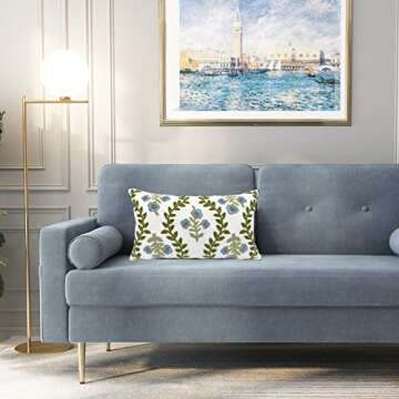 Alysheer Spring Floral Embroidered Decorative Throw Pillow Cover 12"x 20", Farmhouse Blue Flowers Green Leaves Patterned Cotton Canvas Lumbar Cushion Case for Sofa Couch Living Room Cottage Decor