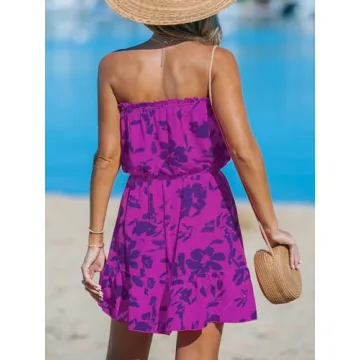 CUPSHE Women's Floral Mini Dress Ruffle Tube Front Button Elastic Tie Waist Flounce Hem Summer Dresses, Maroon M