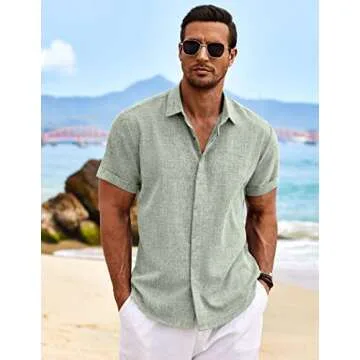 COOFANDY Men's Casual Beach Button Up Shirt Short Sleeve Lightweight Light Green