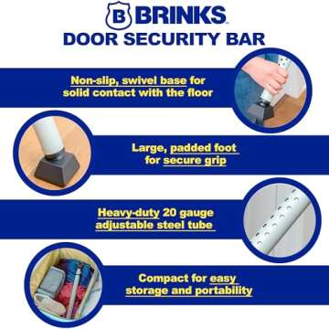 BRINKS- Portable Door Security Bar, Silver- Adjustable Security Door Jammer- Fits Standard Sliding D...