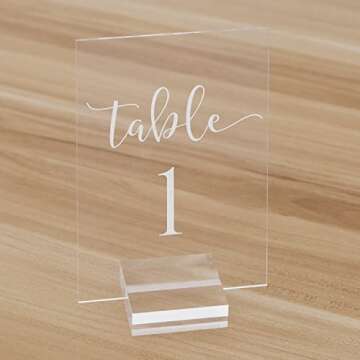 JINMURY Acrylic Wedding Table Numbers 1-10 with Stand- 4x6 Inch Clear Acrylic Table Numbers Printed Calligraphy, Acrylic Table Sign with Holder Base for Wedding Party Reception