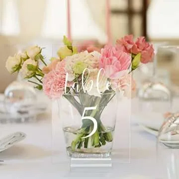 JINMURY Acrylic Wedding Table Numbers 1-10 with Stand- 4x6 Inch Clear Acrylic Table Numbers Printed Calligraphy, Acrylic Table Sign with Holder Base for Wedding Party Reception