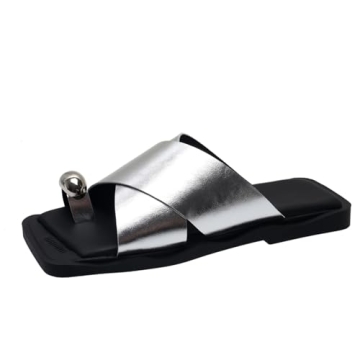 ZLNMLD Women's Strap Leather Metal Toe Ring Flat Slide Sandals Square Open Toe Slip-On Clip Toe Flip...