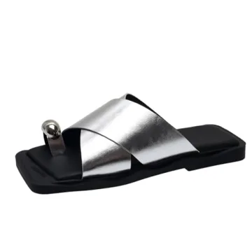 ZLNMLD Women's Strap Leather Metal Toe Ring Flat Slide Sandals Square Open Toe Slip-On Clip Toe Flip...