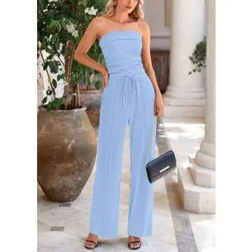 PRETTYGARDEN Womens Summer Outfits 2 Piece Sets Casual Ribbed Knit Crop Tube Top Wide Leg Pants Spring Matching Lounge Set(Light Blue,Small)