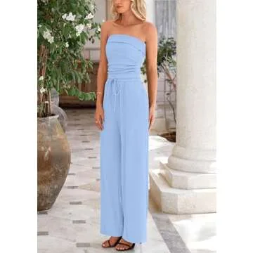 PRETTYGARDEN Womens Summer Outfits 2 Piece Sets Casual Ribbed Knit Crop Tube Top Wide Leg Pants Spring Matching Lounge Set(Light Blue,Small)