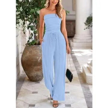 PRETTYGARDEN Womens Summer Outfits 2 Piece Sets Casual Ribbed Knit Crop Tube Top Wide Leg Pants Spring Matching Lounge Set(Light Blue,Small)