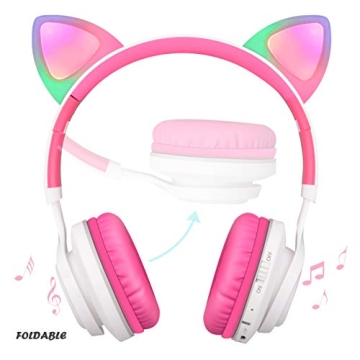 Riwbox CT-7 Cat Ear Bluetooth Headphones, LED Light Up Bluetooth Wireless Over Ear Headphones with Microphone and Volume Control for Travel/School/Smartphones/Laptop/PC/TV