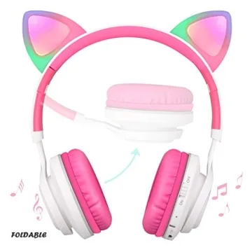 Riwbox CT-7 Cat Ear Bluetooth Headphones, LED Light Up Bluetooth Wireless Over Ear Headphones with Microphone and Volume Control for Travel/School/Smartphones/Laptop/PC/TV