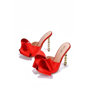 Cape Robbin Salsa Red Sexy High Heels Ribbon Open Toe Gold Sculptural Oval Pumps (RED, 9)