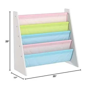 Humble Crew 4-Tier Kids Bookshelf, White Wood/Pastels - Premium Book Shelf for Kids Rooms with Four Deep Pockets - Toddler Sling Book Rack with Deep Sleeves, Nursery Bookcase Organizer