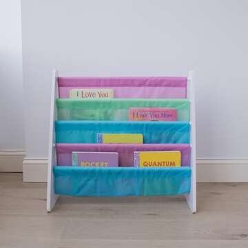 Humble Crew 4-Tier Kids Bookshelf, White Wood/Pastels - Premium Book Shelf for Kids Rooms with Four Deep Pockets - Toddler Sling Book Rack with Deep Sleeves, Nursery Bookcase Organizer