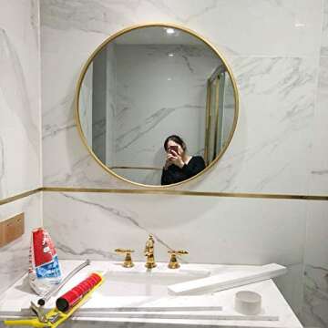 TIANGU Gold Round Mirror Wall Mounted,31.5in Large Circle Mirrors for Wall,Bathroom Metal Frame Wall Mirror,Big Modern Vanity Mirror for Living Room Bedroom