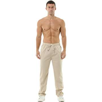 HOEREV Men Casual Beach Trousers Linen Summer Pants, Beige, Large