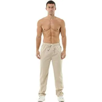 HOEREV Men Casual Beach Trousers Linen Summer Pants, Beige, Large