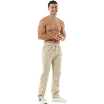 HOEREV Men Casual Beach Trousers Linen Summer Pants, Beige, Large