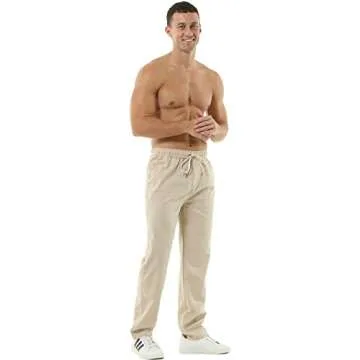 HOEREV Men Casual Beach Trousers Linen Summer Pants, Beige, Large