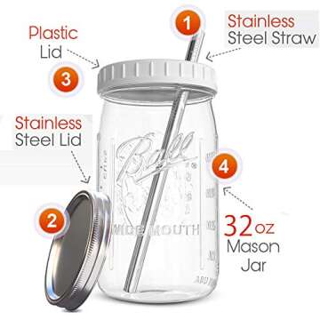 Reusable Wide Mouth Smoothie Cups Boba Tea Cups Bubble Tea Cups with Lids and Silver Straws Mason Ja...