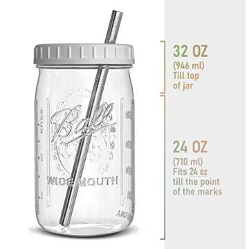 Reusable Wide Mouth Smoothie Cups Boba Tea Cups Bubble Tea Cups with Lids and Silver Straws Mason Jars Glass Cups (2-pack, 32 oz mason jars)
