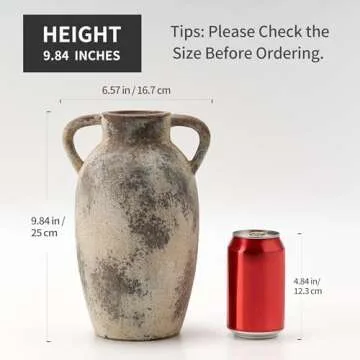 PORCER Ceramic Vase, 9.84 Inch Terracotta Vase with Handles, Boho Decor Decorative Vase, Rustic Vase for Home Decor, Farmhouse, Living Room, Table - Gray