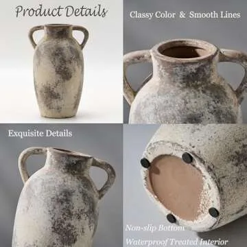 PORCER Ceramic Vase, 9.84 Inch Terracotta Vase with Handles, Boho Decor Decorative Vase, Rustic Vase for Home Decor, Farmhouse, Living Room, Table - Gray