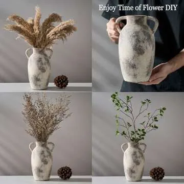 PORCER Ceramic Vase, 9.84 Inch Terracotta Vase with Handles, Boho Decor Decorative Vase, Rustic Vase for Home Decor, Farmhouse, Living Room, Table - Gray