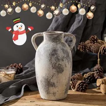 PORCER Ceramic Vase, 9.84 Inch Terracotta Vase with Handles, Boho Decor Decorative Vase, Rustic Vase for Home Decor, Farmhouse, Living Room, Table - Gray