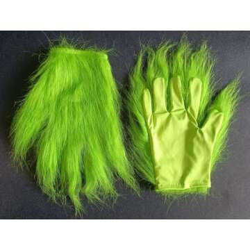 Fisemira Funny Green Monster Gloves, Furry Hand Gloves Adults and Kids Playful Costume Mask Accessor...
