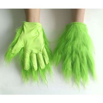 Fisemira Funny Green Monster Gloves, Furry Hand Gloves Adults and Kids Playful Costume Mask Accessories Christmas Halloween Decoration for Green Glove