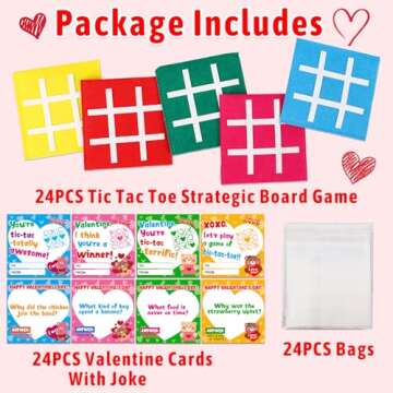 24PCS Tic Tac Toe Strategic Board Game Valentines Day Cards for Kids School Classroom Funny Valentin...