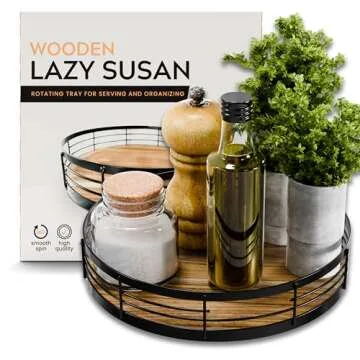 Gennua Kitchen 10” Acacia Wood Lazy Susan Turntable Organizer for Spices, Condiments, and More - W...