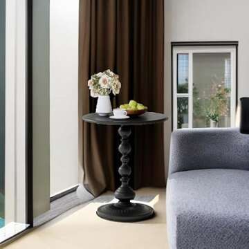 XIV Metal Small Round Side End Table, Vintage Matte Coffee Drink Cocktail Table, Small Accent Pedestal Table for Living Room Corners and Small Spaces, 21'' Height (Black)