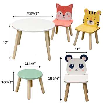 Kids Wooden Animal Table & Chair Set w 4 Seats- Tiger Panda & Fox Plus Adult Stool for Arts Crafts, ...