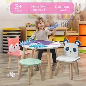 Kids Wooden Animal Table & Chair Set w 4 Seats- Tiger Panda & Fox Plus Adult Stool for Arts Crafts, Dining, Pretend Play- Durable Playroom Furniture for Home Daycare Classroom- Toddler Activity Center