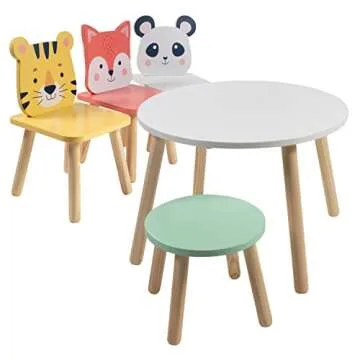 Kids Wooden Animal Table & Chair Set w 4 Seats- Tiger Panda & Fox Plus Adult Stool for Arts Crafts, Dining, Pretend Play- Durable Playroom Furniture for Home Daycare Classroom- Toddler Activity Center