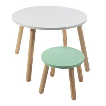 Kids Wooden Animal Table & Chair Set w 4 Seats- Tiger Panda & Fox Plus Adult Stool for Arts Crafts, Dining, Pretend Play- Durable Playroom Furniture for Home Daycare Classroom- Toddler Activity Center