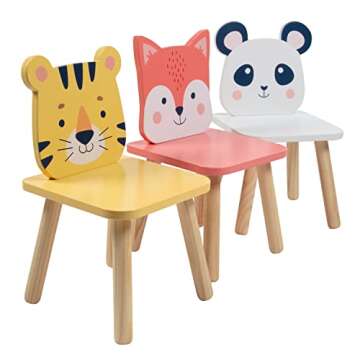 Kids Wooden Animal Table & Chair Set w 4 Seats- Tiger Panda & Fox Plus Adult Stool for Arts Crafts, Dining, Pretend Play- Durable Playroom Furniture for Home Daycare Classroom- Toddler Activity Center